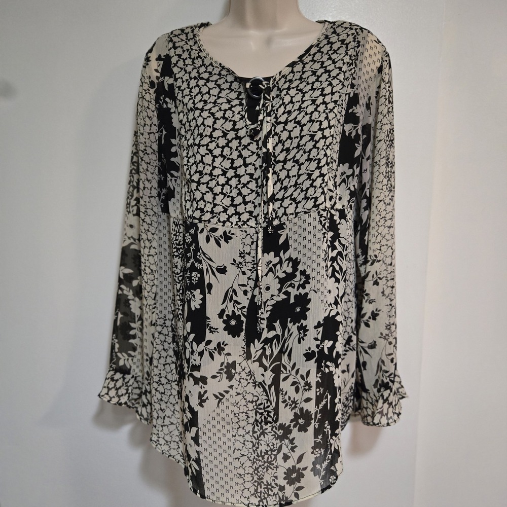 Susan Graver Size M 2-Piece Black Beige Floral Top Tunic Semi Sheer A75928